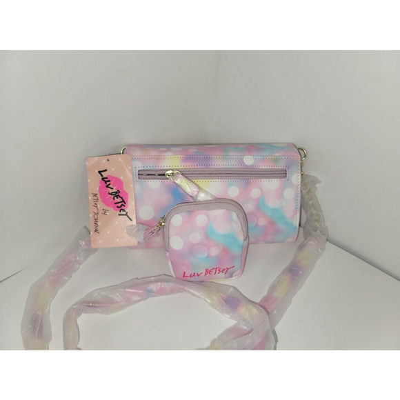 Luv Betsey Johnson Crossbody heart pink Multicolor removeable Ear Bud pouch - Picture 16 of 16